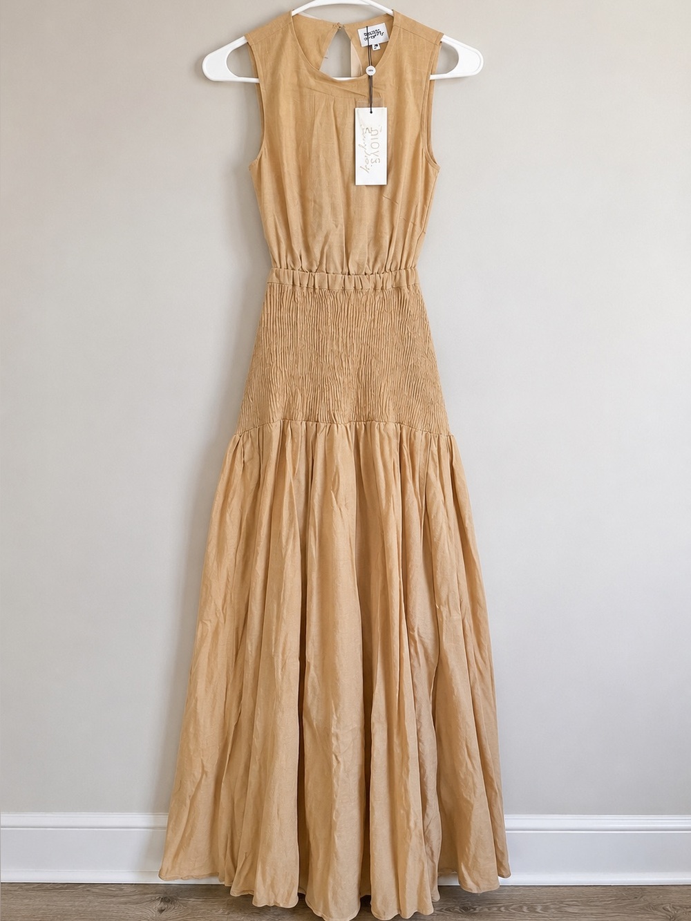 SNDYS Lottie Dress XS NWT Beige Linen Blend Open Back Midi Dress